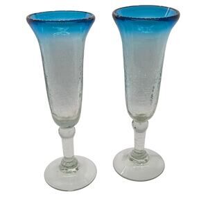 Pier 1 Style Blue Ombré Crackle Glass Champagne Flutes | Set of 2 | Coastal Stem